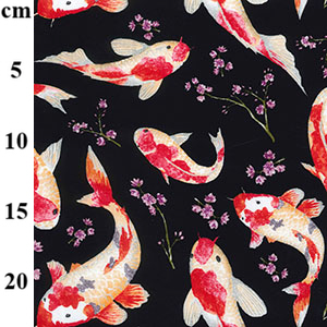 Japanese Koi Carp Fish - Black - 100% Pure Cotton Printed Fabric