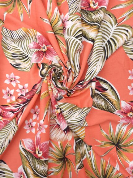 Dressmaking Viscose Botanical Tropical Floral Print - Coral