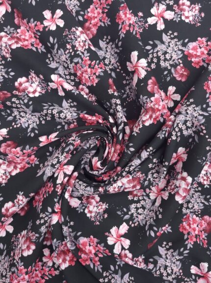 Multi Floral and Leaves Rayon Fabric - Black