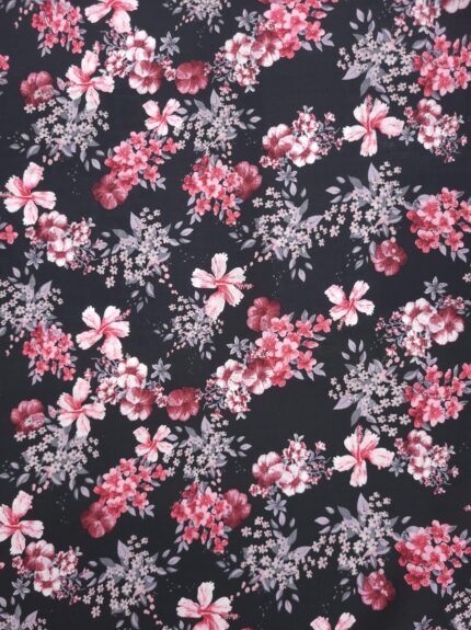 Multi Floral and Leaves Viscose Fabric - Black