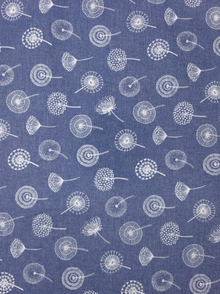 Printed Chambray Denim Fabric - Dandelions Print - Blue