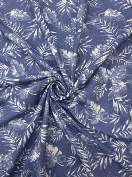 Printed Chambray Denim Fabric Tropical Leaves - Blue