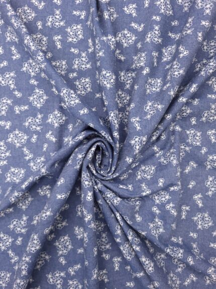 Small Flower Printed - Blue Chambray Denim Fabric