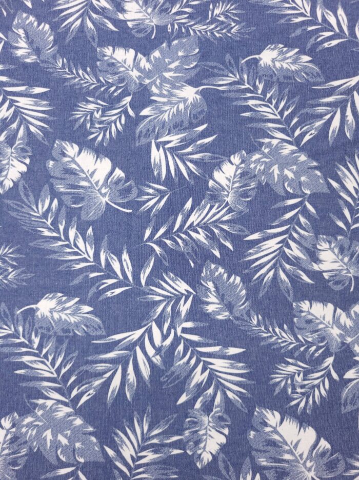 Tropical Leaves Chambray Denim Fabric - Blue