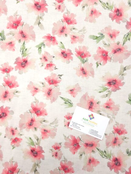 Ivory Pink Blossom Floral Linen Flax Fabric