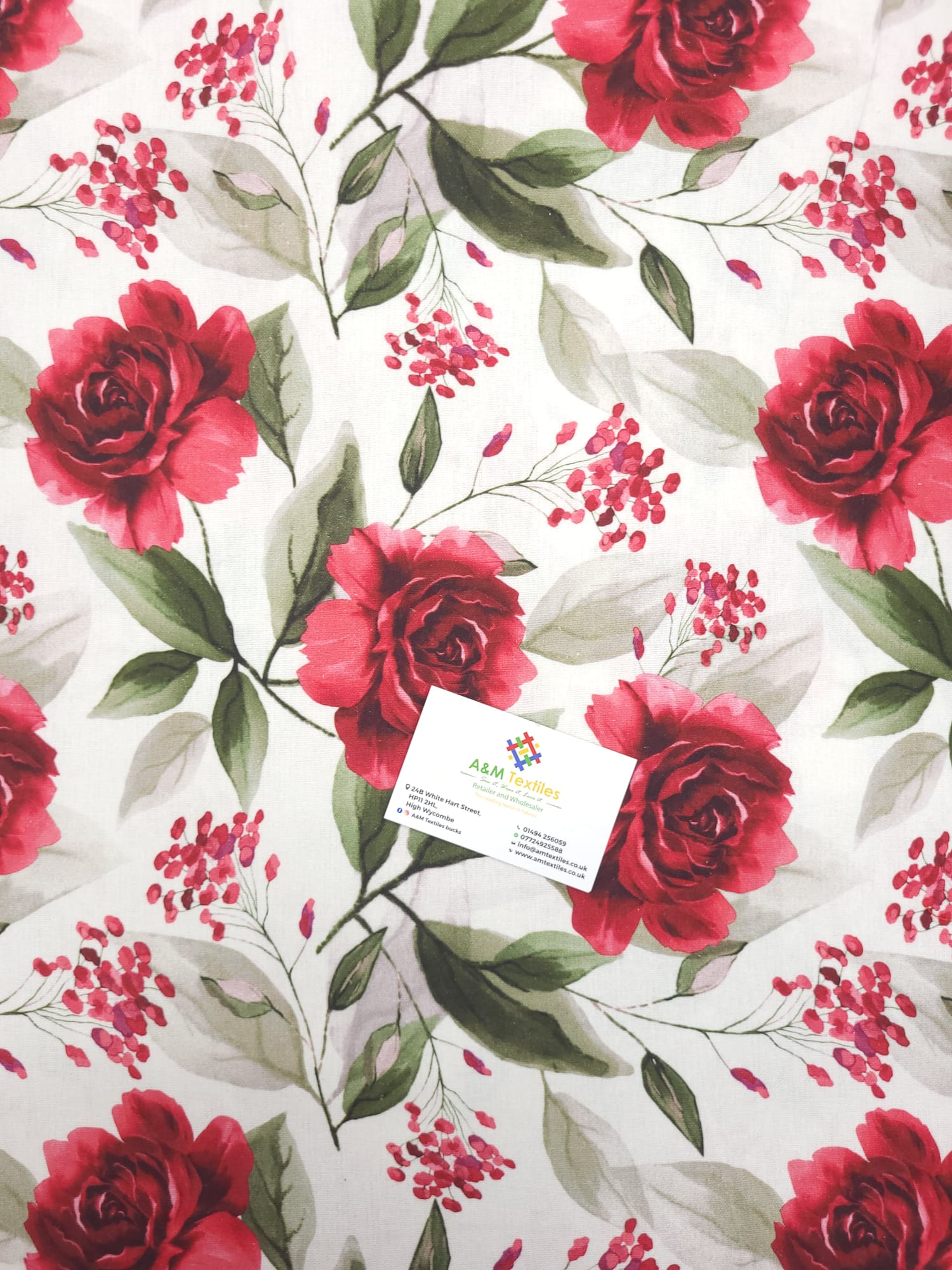 Roses on White Linen Cotton Fabric